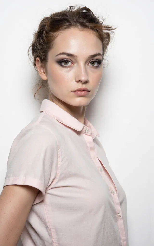A French female model with a Punk makeup style, wearing a shirt, against a white background, in a front   facing bust portrait